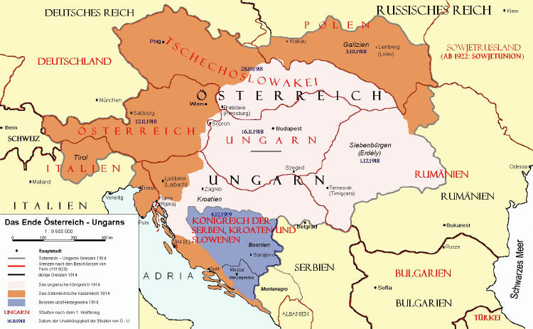 Die Aufteilung der Österreichisch-Ungarischen Monarchie gemäß den Pariser Vorortverträgen nach dem Ersten Weltkrieg. - Karte zur Vergrößerung anklicken!