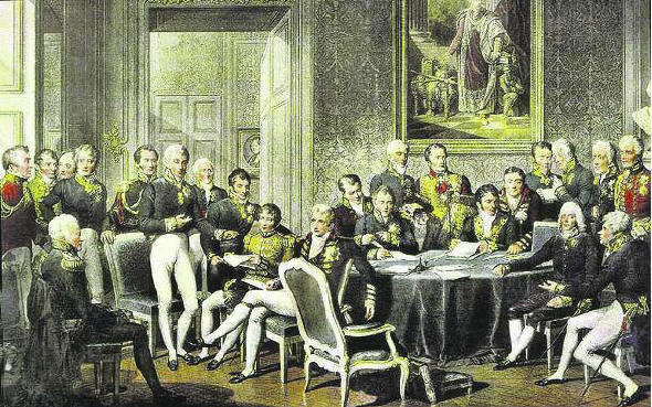 Mit ihrer Gleichgewichtspolitik prgten sie den Wiener Kongre: Metternich (stehend) und Castereagh (vor ihm lssig sitzend)