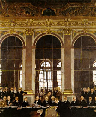 Vertragsunterzeichnung im Spiegelsaal von Versailles am 28. Juni 1919 (William Orpen, 1921) Foto: Wikipedia/Ssolbergj