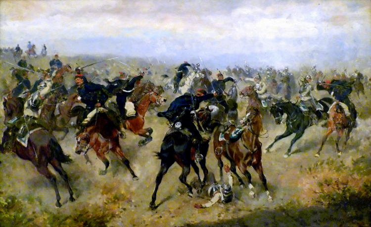 Österreichische Reiter greifen in der Schlacht von Königgrätz preußische Infanteristen an: Gemälde von Alexander d. J. von Bensa (1820-1902)